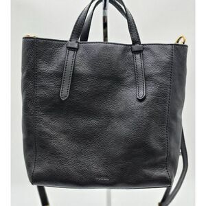 Fossil Black Pebbled  Leather Tote Bag With Shoulder Strap
